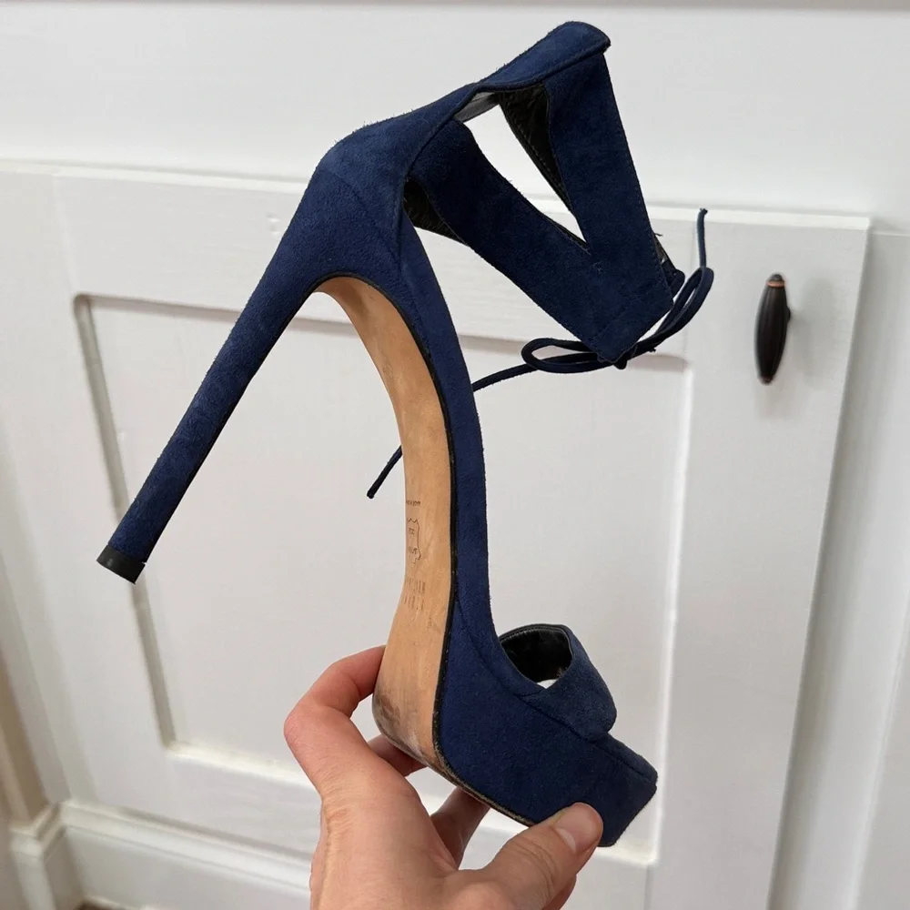 Stuart Weitzman Blue Suede Platform Heels 7.5 Made in Spain Lace-Up Stiletto